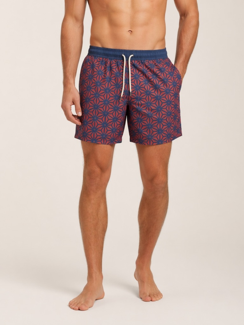 Faherty Beacon Swim Trunks in a red and blue starfruit pattern M